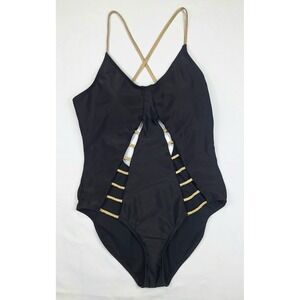 90's Baby Phat Womens Black Gold Braided Cut Out One Piece Swimsuit Size Large